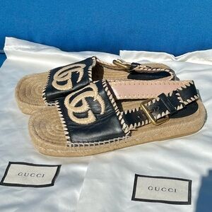Gucci Marmont Espadrille Slide Sandals with GG & Gold Buckle Size 36